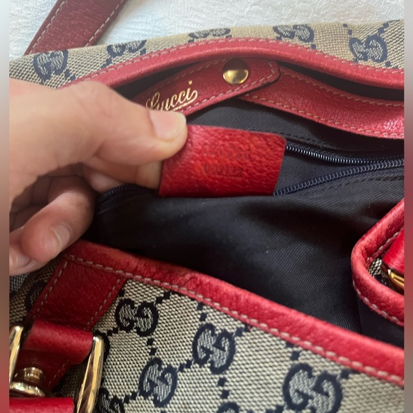 Gucci Red Leather Trim Monogram Bag - Picture 4 of 12